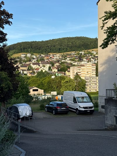 This image captures a daytime scene in Füllinsdorf, Switzerland, presenting a residential area built on a hillside with a forested mountain in the background.

The foreground consists of an asphalt parking surface. On the far left, a dark vehicle is partially obscured by a silver reflective tarp, parked alongside dense green and reddish-brown foliage. To its right, another dark car (likely an SUV or hatchback) is parked, with its rear section visible. A metal railing, possibly part of a staircase, is positioned in front of the tarp-covered vehicle. In the center foreground, a white Volkswagen Crafter panel van is parked, facing slightly left, displaying the Swiss license plate "BL 47762." Directly behind the van, a dark grey Ford Focus station wagon is partially visible, with its license plate "BL 171216" legible. To the right, a section of a light-colored building wall, possibly concrete, with a darker horizontal element, frames the scene.

The midground reveals a densely packed residential area composed of numerous houses with light-colored facades and a mix of red, brown, and grey pitched roofs, ascending the gentle slope of the hill. Interspersed among these houses are abundant green trees and vegetation. Two multi-story apartment buildings are prominent on the right side of this residential cluster: a taller, light-beige structure with multiple external awnings on its balconies, and a shorter, yellowish building with several projecting balconies. Slightly to the left of the center in the midground, a building with a grey roof and a large, dark, rectangular window is partially visible through the trees.

The background is dominated by a large, forested hill covered with dense, dark green trees, appearing to be a mix of deciduous and coniferous species. The sky above is a clear, light blue with no significant cloud formations. The lighting suggests a low sun angle, casting discernible shadows on the foreground objects, indicative of either early morning or late afternoon. No people are visible in the scene.