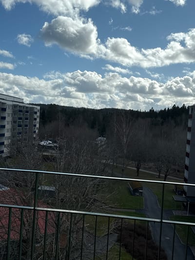 A vertically-oriented photograph showcases a sky with cumulus clouds in the upper-left and a landscape viewed from a high vantage point, possibly a window. A forest stands next to a building. The building has multiple stories and a façade with visible windows and blue accents. A mirrored reflection of a landscape, including trees and what appear to be buildings, is visible to the right. A metal safety railing frames the bottom portion of the reflection. The photograph appears to have been taken in Jönköping, Sweden.