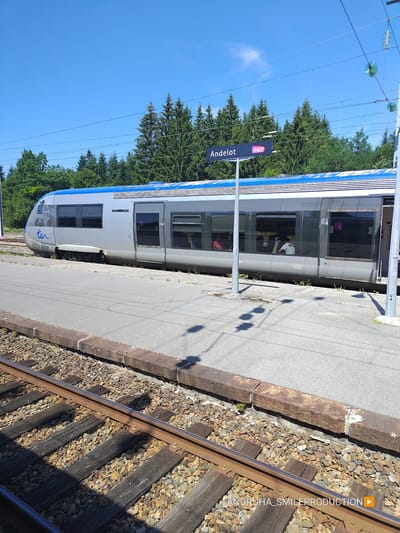 The image shows a train at the Andelot-en-Montagne train station in France. The train is silver and blue with "ter" logo on the side. A sign displaying "Andelot" and "SNCF" is visible. The train is stopped at a platform with train tracks in the foreground. Several passengers are visible inside the train through the windows. The scene is set against a backdrop of trees and a clear blue sky.