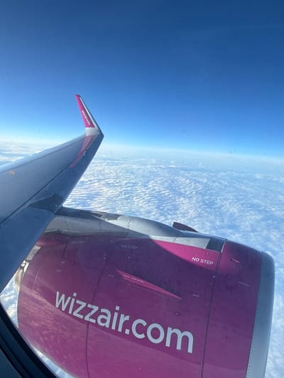 The image displays an aerial view from an aircraft window during flight, situated over Cajetina Municipality, Serbia. The scene is dominated by a vast expanse of white, textured clouds below, stretching to the horizon under a clear, deep blue sky. In the foreground, the left wing and engine nacelle of an aircraft are visible. The wing is predominantly gray, featuring a pink and gray wingtip (winglet) with "wizzair.com" printed in white. Below the wing, the engine nacelle is a vibrant pink, clearly displaying "wizzair.com" in large white capital letters. Smaller white text indicating "NO STEP" and "NO GRAB" is also visible on the nacelle's surface. Sunlight illuminates the aircraft components from the upper left, casting a shadow across a portion of the engine. There are no people, explicit actions, or interactions depicted in the scene, which is presented from a fixed internal perspective looking outward.