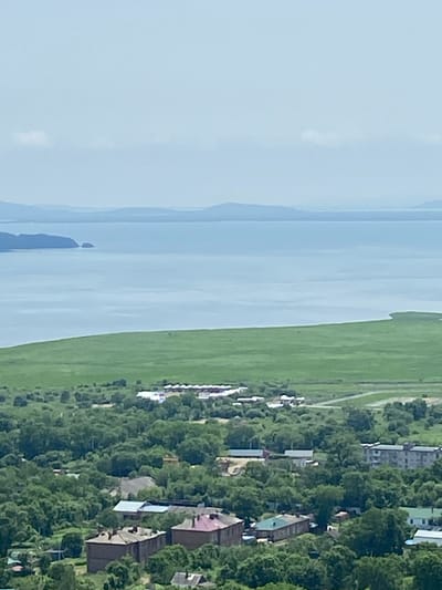 This is a high-angle, full shot of a coastal landscape in Kraskino, Russia. The image is divided into three horizontal bands: the sky, the water, and the land. The sky is a pale, hazy blue with a few wispy white clouds. Below the sky, a vast expanse of calm, light blue water stretches towards the horizon. In the distance, faint, layered mountain ranges are visible against the sky.

The land in the foreground is a vibrant green, with a large, flat field of grass dominating the mid-ground. This field borders the water and transitions into a densely wooded area. The wooded area is composed of numerous green trees, with some buildings peeking through the foliage.

The buildings are varied in size and style, suggesting a residential or industrial area. Some structures appear to be multi-story apartment buildings, while others are smaller, more scattered houses or workshops. A few larger, rectangular buildings with flat or slightly sloped roofs are visible, some with white facades. In the far mid-ground, there is a cluster of white, low-rise buildings that could be part of an industrial complex or a farm. The overall impression is of a settlement nestled within a natural environment. There are no visible people in the image. The scene is static and peaceful.