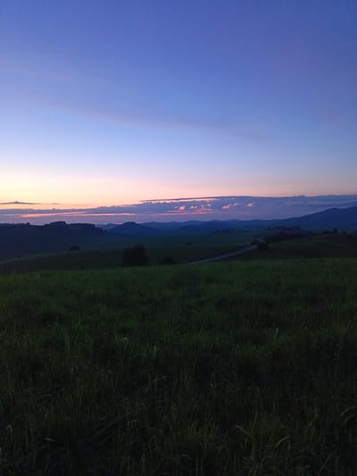 The image depicts a serene landscape at dusk, with a gradient of colors in the sky from deep blue at the top to a soft orange and pink near the horizon. Rolling hills covered in dark green grass dominate the foreground and mid-ground. A winding dirt road is visible on one of the hills, leading into the distance. Silhouetted trees and darker masses of foliage are scattered across the landscape. The scene is devoid of any people or animals, suggesting a quiet, natural environment. The location is the city of Sadovyi, Russia.