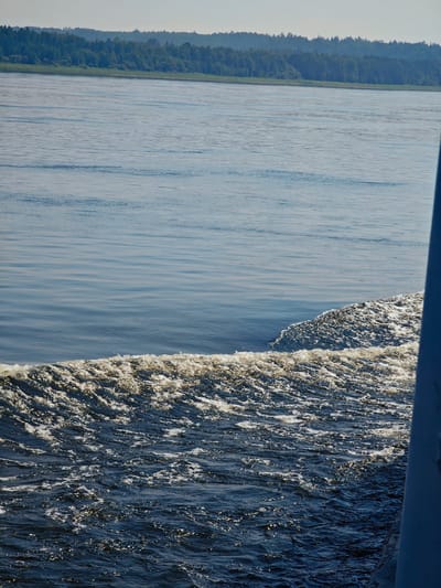 A high-angle, medium shot captures the wake of a vessel moving through a wide, calm body of water, likely a river, with a dense forest bordering the far bank. The water in the foreground is dark blue and choppy, filled with white foam and bubbles created by the boat's movement, reflecting the sunlight. Further out, the water transitions to a lighter, serene blue with subtle ripples. The distant shore is lined with a thick, dark green forest that stretches across the horizon, meeting a pale, hazy sky. A portion of a grey structure, possibly part of the vessel, is visible on the right side of the frame, extending from the bottom edge upwards and partially obscuring the water. The scene appears to be set in Pogodaevo, Russia, given the context. No people or specific animals are visible. The overall atmosphere is peaceful and natural.