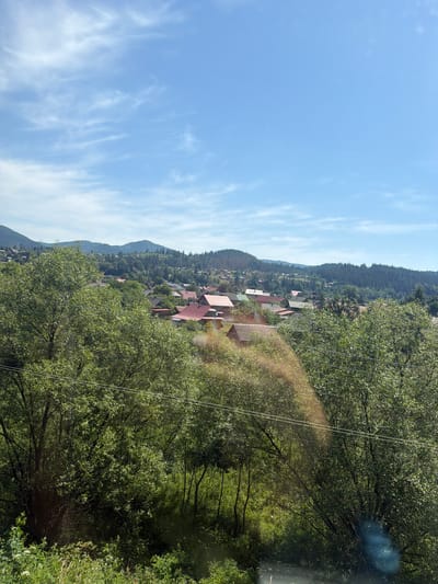 The image shows a view of the town of Mykulychyn, Ukraine, nestled in a valley surrounded by rolling green hills and dense forests. The sky is a clear blue with sparse white clouds. In the foreground, lush green trees with dense foliage dominate the lower portion of the frame. A few power lines are visible strung between poles, crossing through the trees. In the midground and background, a cluster of houses with red-tiled roofs is spread across the landscape, indicating the presence of a village or town. Beyond the houses, the hills are covered in a mixture of trees, with some areas appearing more heavily forested than others. The overall scene depicts a rural, natural environment with signs of human habitation.