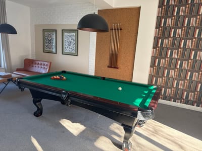 The image shows a billiard room. Dominating the scene is a billiard table with a green felt top, dark wood frame, and ornate legs. A set of billiard balls is arranged in a triangle at one end, while a single white ball is positioned in the center.

Behind the table, on the left, is a leather-like couch. On the wall are two framed botanical prints. To the right of the botanical prints, against a textured corkboard wall, are several billiard cues in a wall-mounted rack. Further to the right, a wall is adorned with wallpaper that mimics a bookcase filled with books.

Two black pendant lamps hang from the ceiling.

The floor is covered in neutral-toned carpet. Sunlight streams through the room, casting bright patches on the floor.

There are no people visible in the image. The location is not discernible from the image.