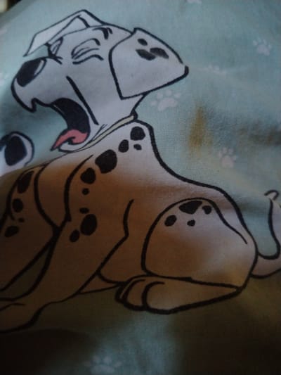 The image displays a close-up of a light blue fabric with a pattern of a cartoon Dalmatian dog. The dog is depicted with black spots and is yawning. The background of the fabric also features faint white paw prints. The image appears to be a photograph of a textile, possibly clothing or bedding. There is no indication of the city of Brod, Russia, or any specific location within it. The scene is static and lacks any human presence or activity.