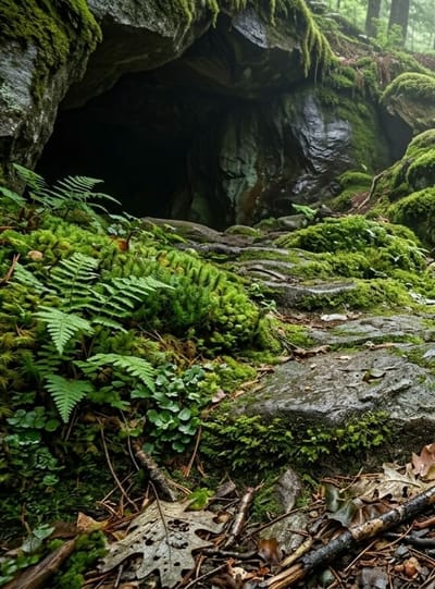 The image depicts a lush, overgrown forest scene leading towards a dark cave entrance. The foreground is dominated by moss-covered rocks, ferns, and various small green plants. Decaying leaves and twigs are scattered on the ground. The rocks are wet and appear to be part of a natural trail or embankment. The cave opening is a deep, dark recess in a large rock formation, partially obscured by overhanging moss and vegetation. The environment suggests a damp, shaded forest floor. There are no people or animals visible in the image, and no indication of the city of Penungkiren, Indonesia.