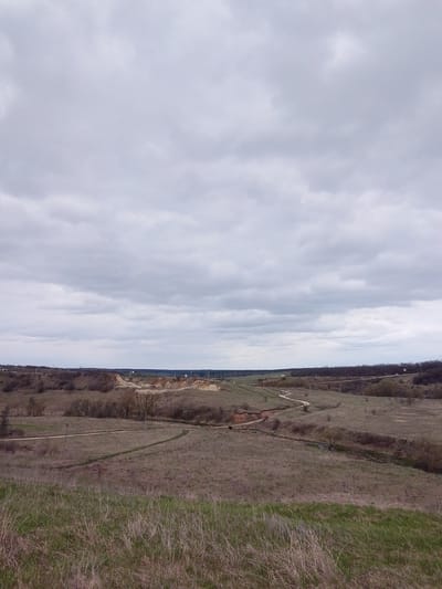 This wide-angle landscape photograph captures an expansive, predominantly natural scene under an overcast sky. The setting appears to be a rural or semi-wild area in Yablonovo, Russia.

The sky occupies the upper two-thirds of the image, filled with dense, uniform grey clouds, indicating a cloudy day with no visible direct sunlight. The overall lighting is soft and diffused.

The ground in the foreground is covered with sparse, dry brown grass and some patches of green, suggesting either late winter, early spring, or a dry climate. The terrain is undulating, with gentle slopes and visible dirt paths or unpaved tracks winding through the landscape. In the midground, several deep gullies or ravines, likely formed by erosion, cut into the earth. Scattered trees and bushes, mostly bare of leaves, dot the landscape.

Towards the left side of the midground and background, an area of exposed, lighter-colored earth suggests a quarry or an excavation site. Further in the distance, faint structures or buildings are discernible on the horizon, hinting at human settlement, possibly a village or town. The far background on the right features a line of distant trees or forest.

No people or significant activity are visible in the image. The scene conveys a sense of quietness and natural ruggedness. The color palette is dominated by muted tones of grey, brown, and dull green. There is no visible text.
