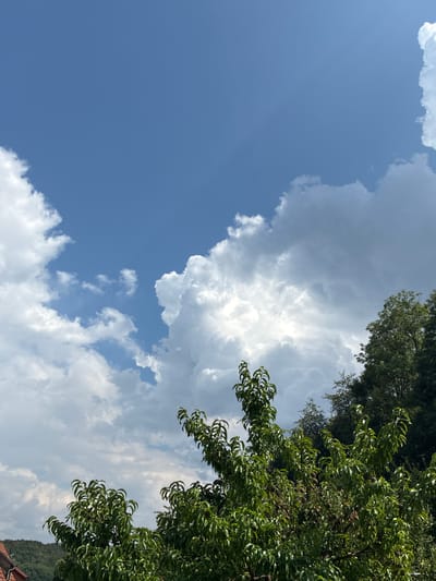 This image depicts a view looking upwards towards a blue sky filled with white and grey clouds. The lower portion of the frame is dominated by the lush green foliage of trees, with some branches extending into the sky. In the bottom left corner, a sliver of a red-tiled roof and a hillside covered in green vegetation suggest an outdoor scene in a possibly rural or suburban area. The lighting indicates it is daytime, with the sun illuminating the clouds from behind, creating a bright, slightly hazy effect. The scene appears to be a natural landscape, likely from an elevated position, offering a broad view of the sky and treetops. There are no people or visible human activity in the image. This scene is consistent with a location in Bad Hersfeld, Germany, given the context of the prompt.