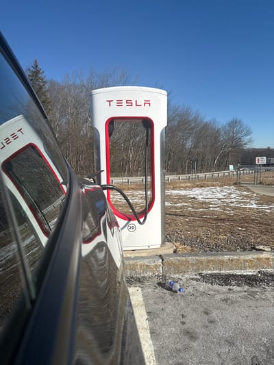 A Tesla vehicle is seen charging at a Supercharger station under a clear blue sky. The image is taken from inside or very close to the car, looking out towards the charging stall.
The primary subject is a white Tesla Supercharger station, which has "TESLA" written vertically in red letters on its side. A charging cable extends from the station to the unseen charge port of the car. A small circular emblem with "2D" is visible on the Supercharger unit. The reflection of the Supercharger and the surrounding environment can be seen on the glossy surface of the car's body and window in the foreground.
The surrounding scene features barren trees and bushes, suggesting a late autumn, winter, or early spring season. Patches of brown earth and scattered remnants of snow or ice are visible on the ground beside the paved area. In the distance, a highway barrier and what appears to be a brown road sign with illegible white text are visible, consistent with a roadside service area. A discarded plastic water bottle lies on the asphalt near the curb next to the charging station. The bright, direct sunlight indicates it is daytime. The location context provided is Charlton, United States, likely referring to the Charlton Service Plaza.