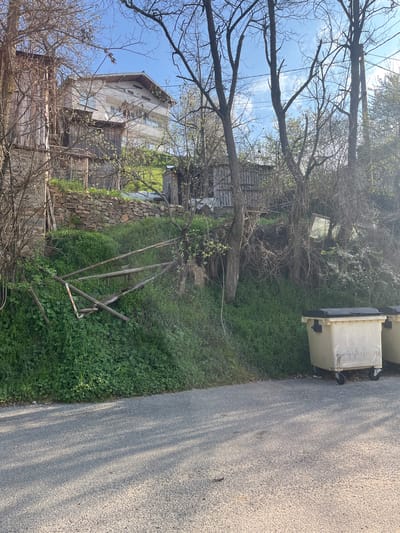 The image presents a view from the edge of an asphalt road in Churka, Bulgaria. A grassy verge separates the road from a rural residential area. Two large, light-colored dumpsters are positioned along the roadside. Beyond the verge, a stone wall supports the uneven terrain leading to a dilapidated wooden structure. Overgrowth obscures details of the structure and the environment behind it. In the background, a multi-story building with a white facade is partially visible through bare trees. The sky is light blue with wispy clouds. A makeshift wooden frame lies in the grassy area, possibly for supporting plants.