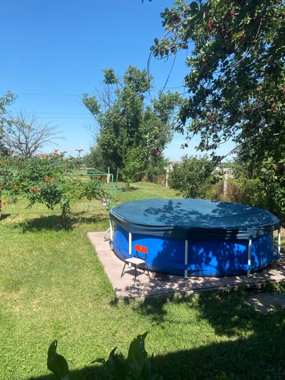 In the city of Жалпақсай, Kazakhstan, this image captures a backyard scene on a sunny day with a clear blue sky. A large, round, blue inflatable swimming pool is covered with a dark blue tarp. The pool is situated on a rectangular concrete base. A small, red stool with a black frame is placed next to the pool. The surrounding area is covered with green grass. To the left of the pool, there is a tree with green leaves and some red fruits, and beyond that, a green metal structure that appears to be a swing set. Further in the background, there are more trees and a fence. The overall environment suggests a residential outdoor space.