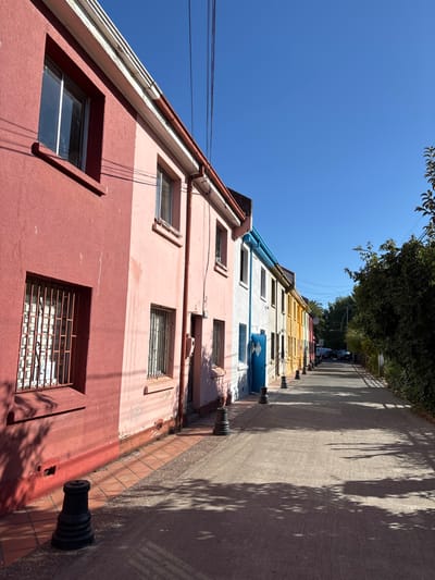 This image depicts a residential street in Tomé, Chile, under clear blue skies. The scene is dominated by a row of attached two-story houses on the left, each painted a distinct color: deep red in the foreground, followed by light pink, white with a prominent dark blue door, yellow, orange, and another red structure further down the street. Most windows visible on these houses are rectangular and feature security grilles. White gutters are present along the rooflines, and multiple electrical wires span horizontally above the structures. The lower portions of the house walls show signs of wear and discoloration. A narrow, tiled sidewalk, featuring brown and orange tiles, runs directly in front of the houses. Black, fluted bollards are spaced evenly along the outer edge of this sidewalk. The center of the scene is a gray, paved street or pathway, partially covered by dappled shadows from overhead trees. On the right side of the street, dense green foliage, comprising trees and shrubs, forms a continuous barrier, also casting significant shadows. In the distance, several parked vehicles are partially visible along the street, obscured by the vegetation. No individuals are present in the image.