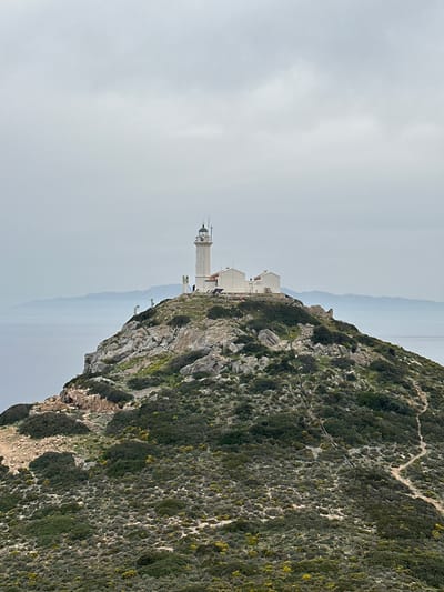 The horizontally oriented image depicts a white lighthouse complex situated on a rugged, vegetated cliff overlooking a calm sea in Datça, Turkey. The prominent lighthouse, featuring a lantern room and an antenna array, stands alongside several white, low-rise buildings on the cliff edge.
The right side and foreground of the scene are dominated by the steep, rocky cliff, densely covered with green and yellow scrub vegetation. Exposed grey rock formations are visible throughout the terrain, with faint paths or trails winding through the greenery.
Beyond the cliff, a tranquil body of water extends into the distance, meeting a hazy, mountainous horizon line. The sky is uniformly light grey and overcast, blending with the distant sea and contributing to the muted color palette of the scene. The weather appears cloudy or misty, diffusing the light.
No people or discernible activities are present in the image. The scene conveys a sense of rugged natural beauty and isolation, characteristic of a coastal landmark. There is no visible text.