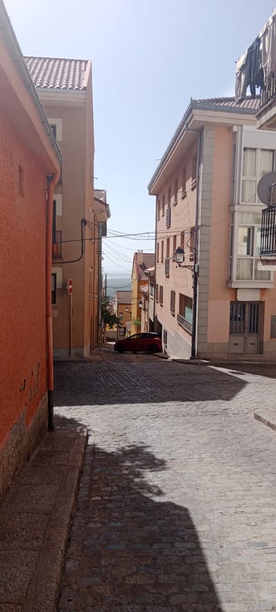 This is a vertical, eye-level, outdoor shot of a cobblestone street in a Spanish town, likely San Lorenzo de El Escorial, Spain. The scene is bathed in bright sunlight, casting distinct shadows from the surrounding buildings and trees onto the road. The time of day appears to be midday, with the sun high in the sky.

The street slopes downwards, leading the eye towards a distant view of hazy, undulating hills and a body of water. The architecture is characteristic of a Mediterranean town, with buildings in shades of orange, peach, and beige, featuring red tile roofs and dark-framed windows. Wires for electricity or telecommunications crisscross overhead between buildings, and some laundry is visible hanging from a balcony on the right.

On the left, an orange building with a rough texture dominates the foreground. To the right, a taller, peach-colored building with multiple stories and balconies is visible. The street itself is paved with uneven, gray cobblestones. A red SUV is parked on the right side of the street, further down the hill. A red and white circular "no entry" sign is affixed to a yellow pole on the left side of the street.

The overall impression is one of a quiet, sun-drenched town street, perhaps a narrow alleyway, on a clear and warm day. There are no people visible in the image, adding to the sense of stillness.