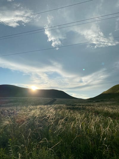 A landscape photograph captures a vast, grassy field with rolling hills under a partly cloudy sky. The sun is setting behind the hills, casting a warm glow and creating lens flare. Power lines are visible across the top of the frame. The foreground is dominated by tall, feathery grass, some of which is illuminated by the setting sun. A faint path is visible winding through the field towards the hills. The scene is peaceful and natural, with no people or man-made structures other than the power lines. The location is identified as Verkhneozernoye, Russia.