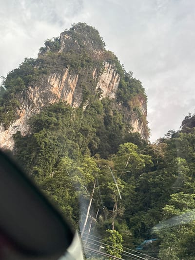 This is a photograph of a large, steep, karst limestone mountain covered in lush green vegetation. The mountain is characterized by sheer rock faces with visible striations and some patches of lighter colored rock. Dense green foliage, primarily trees, covers the lower slopes and extends up the sides of the mountain. The sky is overcast with gray clouds. In the foreground, a dark, curved object, possibly a car window frame, partially obscures the lower left portion of the image. Power lines are visible running horizontally in the lower right section. The image captures a natural landscape scene in Ao Luek, Thailand, known for its dramatic limestone formations.