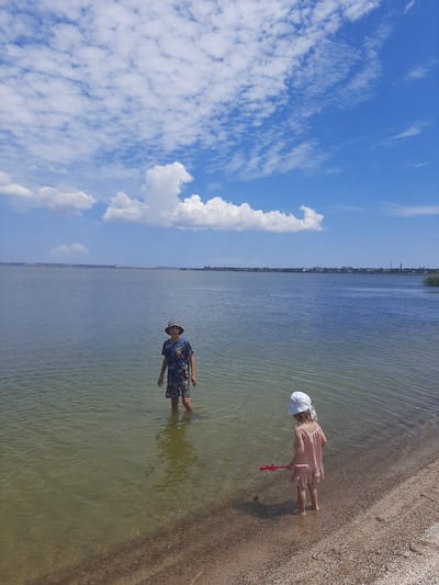 Two children are standing in shallow water at the edge of a body of water, possibly a lake or bay, in Sukholuzhzhia, Ukraine. The child on the left is a boy wearing a patterned t-shirt, patterned shorts, and a bucket hat. He is facing the camera with his hands at his sides. The child on the right is a younger girl wearing a light pink dress and a white sun hat. She is facing away from the camera and holding a pink toy in her right hand. The water is clear and the bottom is visible. The shoreline is composed of sand and small shells. In the background, a distant town is visible along the horizon, and a blue sky with scattered white clouds fills the upper portion of the image.