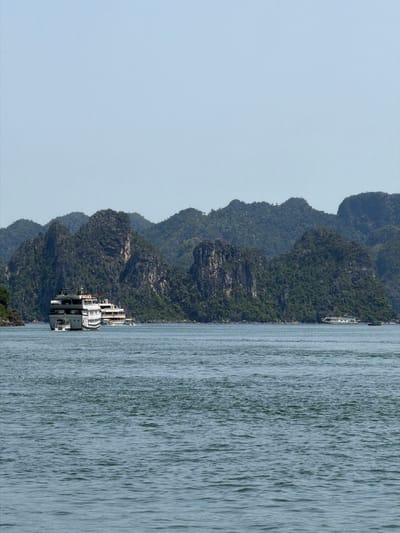 The image, when viewed in correct landscape orientation, presents a picturesque bay scene featuring numerous limestone karsts, calm water, and several boats under a clear sky.

**Subjects and Objects:**
The foreground and midground are dominated by a large, multi-decked cruise ship or tour boat, white in color with dark accents and windows along its sides. A small red flag, likely a national flag, is visible on its upper deck. This boat appears to be either anchored or slowly navigating near the base of one of the karsts. In the background, a series of towering, verdant limestone karsts or mountains stretch across the horizon, covered densely with green foliage. These natural formations rise steeply from the water. Further in the distance, a few other smaller boats or vessels are faintly visible between the islands. The water itself is a calm, deep blue-green, showing gentle ripples on its surface.

**Scene and Setting:**
The setting is a tranquil bay surrounded by striking karst landscapes, strongly reminiscent of Ha Long Bay in Vietnam, consistent with the provided location context of Tuan Chau Ward. The sky above is a uniform, pale blue, indicating clear weather.

**Activity and Notable Details:**
The scene depicts typical activity in a popular tourist destination, with the large boat serving as a passenger vessel for sightseeing or transport. The time of day is clearly daytime, characterized by bright, even lighting and a lack of harsh shadows. The weather appears calm and pleasant, ideal for boating. There is no discernible text visible on the boats or in the environment, other than the small flag. The overall impression is one of serene natural beauty and peaceful exploration.