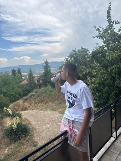 A young person stands on a balcony, holding a can and looking out at a scenic view. The person is wearing a white t-shirt with black text and graphics, and grey shorts with pink drawstrings and graphics. The t-shirt has the text "wels in the air" and an image of a dog.
The background features a lush green landscape with trees, hills, and a distant village with a red-roofed house. The sky is blue with scattered white clouds, suggesting a clear day. The balcony has a black metal railing and a stone floor.
The overall impression is one of a relaxed moment outdoors, enjoying the view. The image appears to be taken in daylight, possibly late morning or early afternoon, given the bright lighting. The location appears to be a rural or semi-rural area in Vladislavtsi, Bulgaria, with a mountainous backdrop and abundant vegetation.