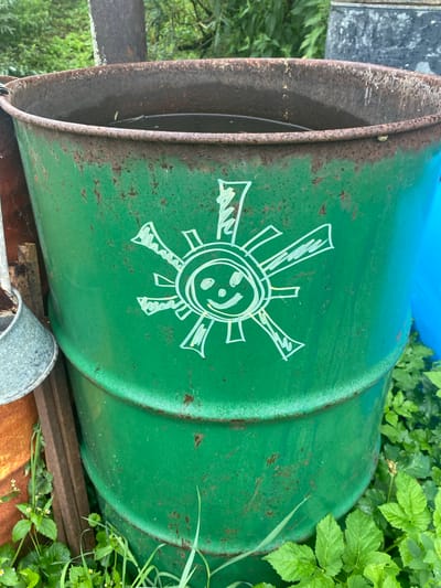 In an outdoor environment, a rusty, green, metal barrel filled with murky water is prominently displayed. A crudely drawn, white smiley-faced sun with rays is depicted on the side of the barrel. The barrel is situated amidst lush green foliage and appears to be outdoors in an unkempt area. The background shows hints of other objects, including a partially visible blue barrel and a rusty, orange-brown object to the left. The overall scene suggests a somewhat neglected or utilitarian outdoor space, potentially a backyard or garden area. The specific location within the city of Нарынка, Russia, is not discernible from the visual information in the image.