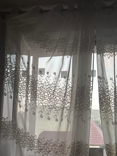 A sheer white curtain with an intricate floral pattern covers a window, obscuring a view of a house with a red tiled roof and greenery outside, suggesting a residential area in Izberbash, Russia.