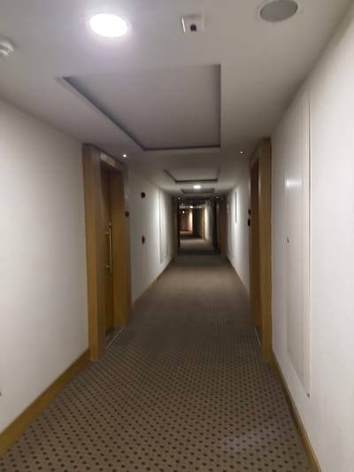 The image displays an interior hallway or corridor, possibly within a modern hotel, office, or residential building, captured from an unusual, high-angle perspective looking directly downwards along its length. This vertical orientation creates a strong sense of depth, with the hallway appearing to narrow and recede into the distance.
The architectural elements include light-colored, seemingly smooth walls and a bright ceiling, contrasted with warm-toned wooden trim or beams that define sections of the ceiling and wall interfaces. On the left side of the foreground, a circular, brightly illuminated light fixture is prominent, along with a smaller rectangular fixture featuring a purple element. Further down this left wall, several doorways are visible as darker rectangular openings. The right wall is covered with a distinctive textured material, possibly patterned acoustic panels or wallpaper, characterized by a grid of small, dark dots or squares on a lighter background.
The floor appears light-colored and somewhat reflective. In the middle distance, faintly visible on the floor, are two small red objects, which could be decorative elements like rose petals. The entire scene is bathed in bright artificial lighting, emanating from various fixtures including the visible round light and other recessed sources further down the corridor.
No people are present in the image, and no specific activity is taking place. The overall impression is one of clean, contemporary interior design. There is no visible text in the image. The location is specified as Bahçelievler, Turkey.