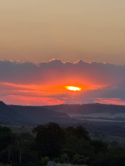 This is a vertical, medium-distance shot of a sunset over the rolling hills of Medovo, Bulgaria. The sky is a gradient of pale orange at the top, transitioning to vibrant pink and deep orange clouds that partially obscure the setting sun. The sun itself appears as a bright, white-yellow orb peeking through a gap in the clouds, casting a warm glow on the surrounding atmosphere. The landscape below consists of dark, silhouetted hills and trees. In the foreground, lush green foliage and dark trees dominate the lower portion of the frame, with a dark, vertical structure resembling a utility pole or fence post visible on the left. The scene depicts a tranquil, natural environment at dusk.