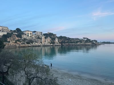 The image shows a coastal scene in Porto Cristo, Spain, likely at dusk. The foreground features a sandy beach with a sparsely leaved tree on the left. Two individuals are standing on the beach, a man and a child. The water is calm, with reflections of the sky and the buildings.
In the background, there's a cliff with several buildings situated on top, which appear to be residences or apartments. The buildings are a mix of styles and heights. The cliff face is partly covered in vegetation. The sky is light blue with subtle cloud formations. The overall ambiance is peaceful and serene.