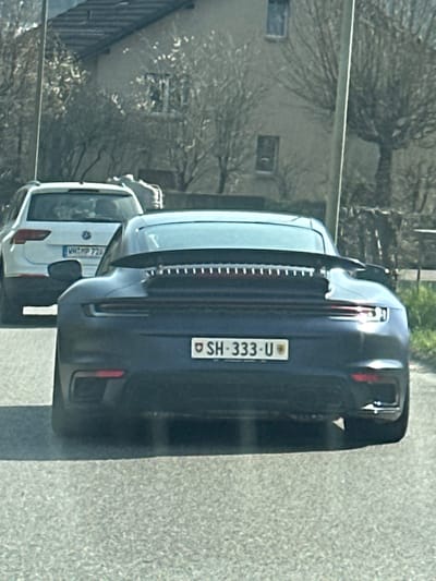 The scene is a road in Eglisau, Switzerland. A dark blue Porsche 911 coupe is positioned in the foreground, displaying its rear fascia, spoiler, and horizontal slatted engine cover. Its license plate, SH-333-U, identifies it as registered in Switzerland, Canton Schaffhausen. Directly behind the Porsche is a white Volkswagen SUV, bearing the German license plate WN-MP 726, registered in the Warendorf district. A third, lighter-colored vehicle is partially visible behind the Volkswagen. The background features a light-colored, multi-story building with multiple windows, partially obscured by numerous leafless trees and bushes. A section of green grass is visible on the far right, and a dark vertical utility pole stands on the right side of the frame. The vehicles are on an asphalt road under daylight conditions. No individuals are visible.