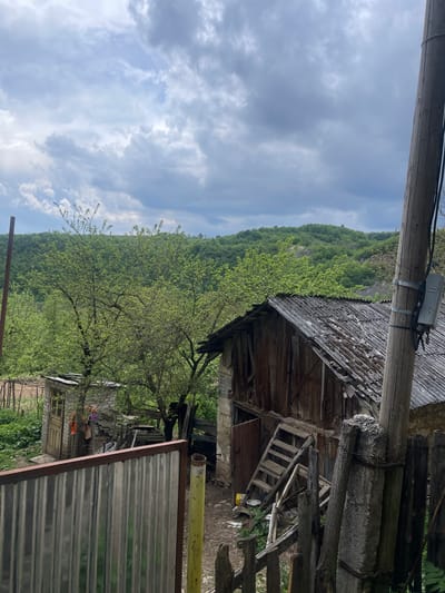 The image depicts a rustic, rural scene, likely in or near Chiatura, Georgia, given the mountainous, forested backdrop typical of that region. A weathered, dilapidated wooden structure, possibly an old barn or shed, dominates the right side of the frame. The structure features a corrugated roof, collapsing wooden walls, and a rickety wooden ladder leans against one side. A utility pole stands in the foreground, with a junction box or electrical equipment attached. Lush green foliage, likely trees, covers the hillside behind the structure. In the foreground, a corrugated metal fence and a tree with light green leaves are visible. The sky overhead is filled with gray and white clouds, indicating potentially overcast weather conditions.
