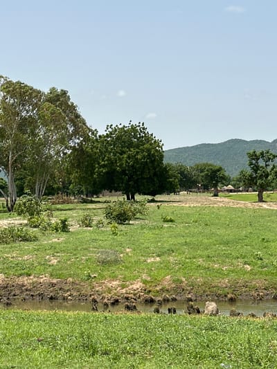 The image depicts a rural landscape in Atawa, Nigeria. A body of water with muddy banks is in the foreground, bordered by lush green grass. In the middle ground, a dirt path winds through a grassy field dotted with trees and small shrubs. In the distance, a cluster of traditional thatched-roof huts is visible, nestled amongst more trees. The background features a large, green, tree-covered mountain under a clear blue sky with a few wispy clouds. The scene conveys a sense of peaceful, rural life.