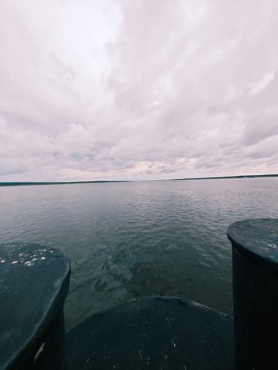 This is a wide-angle, low-angle shot of a large body of water, likely a river, from the perspective of a vessel. The water is dark and slightly choppy. In the foreground, two large, dark, rounded objects, possibly bollards or parts of the vessel's structure, frame the view. Beyond the water, a thin, dark line of trees marks the distant shoreline, which stretches horizontally across the frame. The sky is overcast with pale, textured clouds. The overall scene suggests a cloudy day on a waterway near Zotino, Russia.