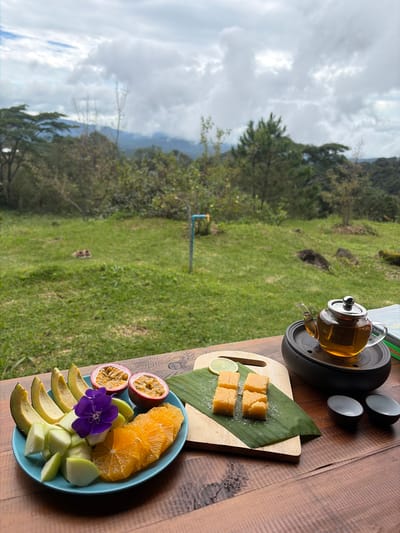 A wooden table holds a vibrant spread of food and drink set against a backdrop of lush green hills and a cloudy sky. In the foreground, a blue plate showcases a colorful assortment of sliced fruits: green apples, yellow avocado, bright orange segments, and two halved passion fruits, adorned with a single purple flower. To the right, a glass teapot filled with golden tea rests on a dark circular coaster, accompanied by two small black teacups. A wooden board displays four small cubes of yellow confection, placed on a banana leaf, with a slice of lime nearby. The environment suggests an outdoor seating area, possibly in a mountainous region like Ban Khun Wang, Thailand, given the verdant landscape and flora. The scene is tranquil, with no people visible.