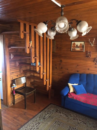 The image depicts the interior of a room in Сапоцкінскі сельскі Савет, Belarus. The walls and ceiling are paneled with varnished wooden planks, and the floor is composed of matching wooden boards, partially covered by a large, ornate patterned rug.
A prominent feature is a light brown wooden staircase or ladder structure with open risers and vertical balusters ascending towards the upper left. Small items are visible on shelves integrated into the staircase structure. In the foreground on the left, a dark brown wooden chair stands, with a small, colorful decorative item hanging from its backrest.
A five-arm metal chandelier with frosted, ruffled glass shades and visible light bulbs hangs from the wooden ceiling in the upper center. Against the right wall, a blue upholstered sofa is positioned, adorned with a beige throw pillow, a blue throw pillow, and a red patterned blanket. Above the sofa, a framed landscape painting featuring birch trees by water is mounted on the wall. To the right of the painting, a pair of deer antlers and a smaller, dark wooden carving are also affixed to the wall. No individuals are present in the scene.