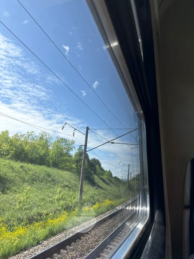 The image presents a view from the interior of a train, looking outward through a window at a railway line and adjacent landscape within the city of Vyatskiye Polyany, Russia. The upper portion of the scene features a bright blue sky with scattered white cumulus clouds. Multiple dark overhead electrical lines for train operation traverse the sky horizontally and diagonally. Below the sky, a verdant green embankment covered in grass and leafy deciduous trees rises steeply from the railway tracks. A distinct band of small yellow wildflowers grows along the base of the embankment, directly adjacent to the tracks. Several concrete utility poles, equipped with insulators and supporting structures for the overhead lines, are visible along the railway. Two parallel railway tracks, constructed of metal rails set on a bed of gravel ballast, extend from the foreground into the distance, curving gently to the right. The right side of the image is occupied by the dark, reflective frame of the train window and a section of the train's light-colored interior wall, including part of a seat or panel. No individuals are present in the scene.