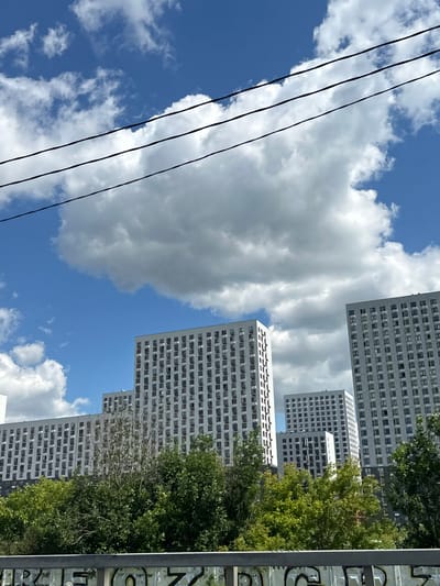 The image depicts a view of modern high-rise apartment buildings under a bright blue sky with fluffy white clouds. Three prominent apartment buildings are visible, characterized by their white facades and numerous uniformly spaced windows. These buildings are nestled behind a dense line of lush green trees and foliage in the foreground. Overhead, three dark power lines stretch horizontally across the frame, adding a linear element to the sky. The bottom of the image shows a grey metal railing with graffiti. The scene is likely part of a residential complex in Drozhzhino, Russia, given the architectural style commonly found in such developments. No people are visible in the image, and the overall impression is one of urban development surrounded by natural greenery.