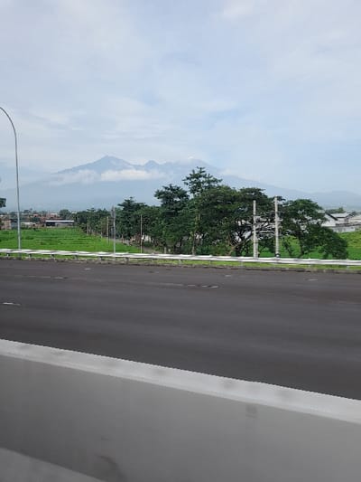 This image captures a wide, empty asphalt road stretching into the distance, viewed from an elevated perspective such as an overpass or bridge, as indicated by the white concrete barrier running along the right side of the frame. To the left of the road, a strip of green grass gives way to a line of lush, dark green trees. Beyond the trees, further green fields are visible in the mid-ground.
In the far distance, towering mountains dominate the horizon, their peaks partially veiled by a light haze or clouds, suggesting a vast, natural landscape. The sky above is a soft, clear blue adorned with scattered white clouds, indicating it is daytime. A street light pole can be seen in the lower left corner. The scene appears tranquil and devoid of human activity, showcasing the natural beauty and infrastructure of Kecamatan Pandaan, Indonesia. There is no visible text.