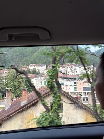 The image shows a view from inside a vehicle, looking out through the windshield. The perspective is rotated 90 degrees clockwise, so the scene appears to be sideways. In the foreground, a gray car interior handle is visible on the left side.
The main subject is a town built on a hillside, with numerous buildings featuring white and cream-colored facades and red-tiled roofs. Some buildings have multiple windows, and one prominent building has a series of yellow and blue flags. The town is nestled against a backdrop of a lush, green, forested mountain. The greenery suggests a temperate climate.
Branches and leaves of a tree are in the immediate foreground, partially obscuring the view of the town and the mountain, indicating that the vehicle is passing by vegetation. The light suggests it is daytime.
The scene is a street view of a town in Konjic, Bosnia and Herzegovina, characterized by its hillside location and dense architecture. No visible text is present in the image. The overall impression is that of a scenic drive through a European town.