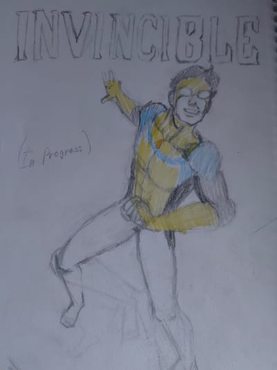 The image is a hand-drawn sketch of a superhero in a yellow and blue costume, drawn on a white sheet of paper. The superhero is facing the viewer, in a dynamic pose with their right arm outstretched and their left leg bent at the knee. The drawing is incomplete, as indicated by the handwritten phrase "(In Progress)" at the bottom of the image. The word "INVINCIBLE" is written in a large, bold font above the superhero's head. The coordinates (latitude: 59.883, longitude: 30.784) correspond to a location in the city of Yoksolovo, Russia. It is impossible to determine the location or context of the image based on these coordinates.