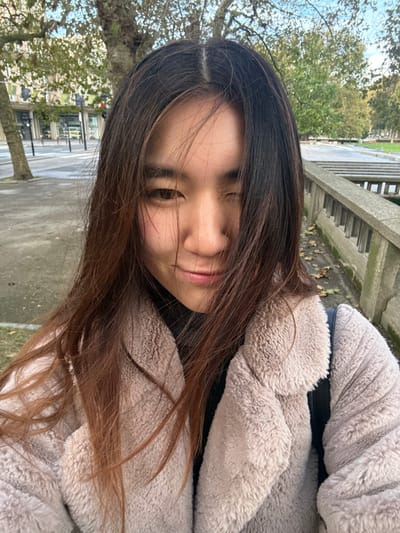 A young East Asian female is depicted in a close-up, chest-up selfie. Her long, dark brown hair, with lighter reddish-brown ends, is parted centrally and slightly wind-blown across her face. She smiles with closed lips, her right eye (viewer's left) partially closed in a wink, while her left eye is open. She wears a black high-collared garment beneath a light beige, fuzzy, textured coat. A black strap, likely from a backpack, is visible over her right shoulder.
The background reveals an urban environment. To the left, a paved street with a visible crosswalk and bare deciduous trees lines the sidewalk. Multi-story buildings with windows are visible further in the distance, and a red traffic light signal is partially obscured by a tree branch. To the right, a distinctive concrete balustrade with vertical slats separates the foreground from a green area featuring deciduous trees, some retaining green leaves, and scattered fallen leaves on the ground.
The scene is set outdoors during daylight. The architecture, particularly the concrete balustrade and urban planning, indicates the city center of Le Havre, France, likely in the vicinity of the Bassin du Commerce or the Hôtel de Ville, an area characterized by Auguste Perret's post-war reconstruction.