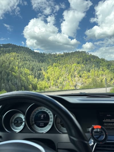 The image captures a picturesque daytime view from the interior of a car, looking out at a scenic landscape in Forbach, Germany. The scene is dominated by a vast expanse of lush green forest covering mountainous terrain, with a road or highway running alongside it. Above the treeline, a bright blue sky is adorned with numerous fluffy white cumulus clouds, indicative of fair weather.
In the foreground, elements of the car's interior are visible. A portion of the steering wheel occupies the lower right, and behind it, the dashboard with its instrumentation is partially visible. The speedometer is clearly shown, displaying "0 km/h," suggesting the car is stationary. The digital display within the speedometer indicates the time as "15:14" (3:14 PM) and the outside temperature as "21.5°C." Other dashboard details include a smaller gauge below the speedometer and what appears to be an air vent or control knob with a prominent orange ring on the upper right side of the dashboard. No people are visible in the image. The overall impression is one of a peaceful stop or slow drive through a natural, forested area.