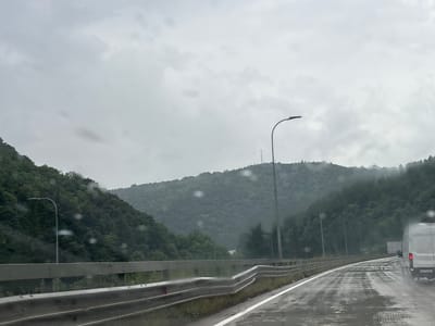 This image depicts a highway on a cloudy day in the city of Batumi, Georgia. The road is wet, indicating it has been raining or is currently raining, with visible raindrops on the windshield. Lush green, tree-covered mountains rise on the left side of the road, while on the right, more trees are visible, with a few streetlights lining the highway. A white van is seen driving on the right lane of the road, kicking up water spray. The highway features a metal guardrail separating it from the oncoming traffic or embankment. The sky is overcast and gray, with no clear sun visible. The overall atmosphere is damp and hazy, typical of rainy weather in a mountainous region.