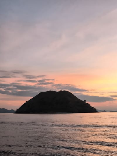 This is a vertical, low-angle, medium shot of a lone, tree-covered island in the ocean at sunset. The sky is a gradient of soft pinks and oranges, with hints of purple and gray clouds scattered throughout. The water in the foreground is dark and rippling, reflecting the colors of the sky. The island is silhouetted against the colorful sky, its dark, hilly shape dominating the center of the frame. There are a few small trees visible on the summit of the island. In the distance, other islands are faintly visible on the horizon. The overall mood of the image is peaceful and serene, evoking a sense of calm and natural beauty. The time of day is sunset, and the weather appears to be clear with some cloud cover. The location is Rinca Village, Indonesia, and the scene depicts a tranquil moment in nature. There is no visible text in the image.