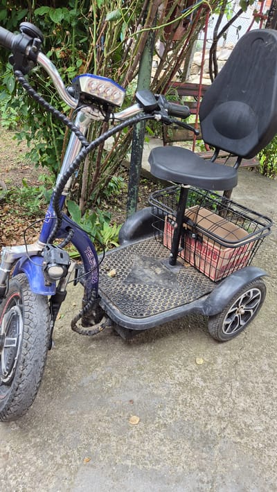 In Doirentsi, Bulgaria, a three-wheeled electric scooter is parked outdoors on a concrete surface, surrounded by dense vegetation and a weathered wooden fence. The scooter, painted in a vibrant blue, features a front headlight, handlebars with controls, a padded seat for a rider, and a smaller seat for a passenger behind it. A wire basket is mounted behind the passenger seat, holding a brown cardboard box. The scooter's front tire is visible on the left, and two rear tires are on the right side of the frame. The ground is covered with fallen leaves, and a thin layer of dirt dusts the scooter's platform and basket. The overall scene depicts a utilitarian object situated in a natural, somewhat unkempt outdoor setting.