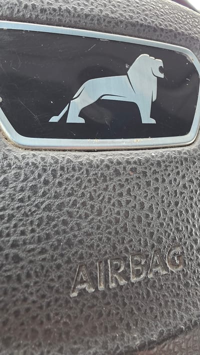 The image displays a close-up view of a vehicle's steering wheel center, located within the city of Beringen, Belgium. The scene focuses on the airbag cover, presenting two main elements: a manufacturer's emblem and a safety designation.

At the top of the frame, a rectangular emblem with rounded corners is centrally positioned. It features a stylized silver-colored lion in profile, facing right, against a black background. The lion is depicted standing, with its mouth open. This motif is framed by a thin silver-colored metallic border. The emblem's black surface exhibits multiple superficial scratches and scattered particulate matter. The metallic border shows minor wear and discoloration, particularly along its inferior edge.

Below the emblem, the steering wheel's dark, finely textured material is visible, showing signs of dust accumulation and minor surface grime. Embossed into this material, in the lower section of the frame, are the capital letters "AIRBAG". These letters appear worn, with some discoloration or dirt within their debossed areas.

No individuals, actions, or interactions are depicted. The immediate environment outside the steering wheel is not visible within the frame.
