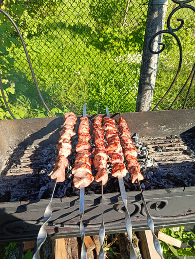 In Shishkin Les, Russia, a close-up shot shows five skewers of raw meat cooking over hot coals on a black metal grill. The meat is cut into bite-sized pieces and threaded onto metal skewers. The grill is placed outdoors, with a green, leafy background visible through a chain-link fence. Sunlight casts shadows from the grill and skewers onto the ground. The environment suggests a casual outdoor cooking setting.