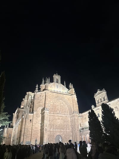 The image depicts the illuminated Plateresque facade of the Convento de San Esteban (Dominican Monastery) in Salamanca, Spain, during nighttime. The main church facade features an elaborately carved central entrance archway flanked by columns and niches containing sculptures, topped by multiple tiers of sculptural reliefs and architectural ornamentation. A prominent central dome with a lantern and a bell tower, crowned by a cross, rises above the main structure. On the left, multiple flying buttresses are visible. The building's sandstone exterior is brightly lit by artificial sources. In the lower third of the frame, a dense crowd of individuals, primarily adults, stands in front of the monastery. They appear to be gathered or queuing, stretching across the width of the image. Their faces are partially visible in the foreground, and they wear varied casual clothing. Several tall, dark evergreen trees are situated on both the left and right sides of the plaza, with those on the right partially obscuring an adjacent section of the monastic complex. The sky overhead is uniformly dark, indicating the absence of natural light.