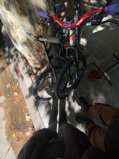 The image presents an outdoor scene in Monte Grande, Argentina, under bright daytime sun, indicated by strong shadows. A bicycle lies on its side, resting partially on a large, light-colored wooden log or tree trunk. The ground is paved and scattered with dry, fallen autumn leaves, suggesting a temperate climate during fall.
The bicycle is a prominent subject, featuring a red handlebar stem clearly labeled "STREET ARMY." Its grips are a vibrant purple and blue pattern, and the black brake lever has visible text that appears to be "L-TWOO." The bicycle's frame is grey or silver with a distinct red graphic, possibly an animal head like a fox or wolf, and the word "VENTURA" is partially visible on the seat or frame. The wheels are black, and "FAST" is printed on one of the tires.
Two individuals are partially visible, seen only from the waist down, standing near the bicycle and the log. One person wears brown pants and black sneakers. The other, mostly obscured by shadow in the foreground, wears darker pants and shoes. Near the person in brown pants, there is a small, empty terracotta plant pot and a black metal frame structure on the pavement. No specific activity is clearly depicted beyond standing or observing the scene.