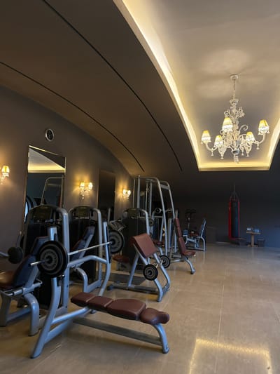 The image shows a gym in Ouled Jelal, Morocco, located at 31.664 latitude and -7.871 longitude. The gym is well-equipped with a variety of exercise machines, including weight machines, a bench press, and a rowing machine. The gym is also decorated with a large chandelier and a punching bag. There are no people present. The floor is tiled and the walls are painted a dark grey. The ceiling is high and features an arched design with recessed lighting. The gym is located in a building with an arched ceiling.